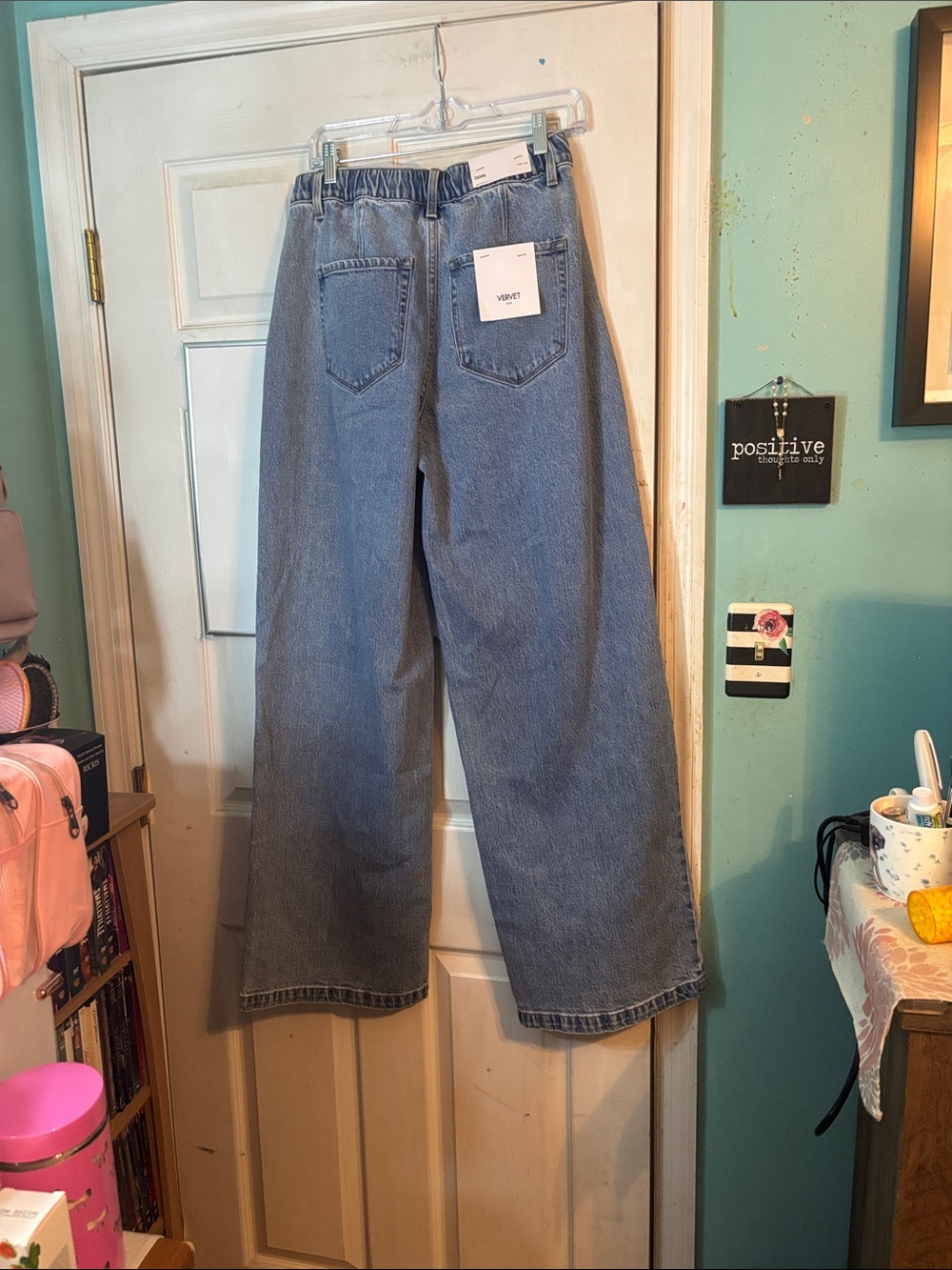 High-Rise Wide Leg Blue Denim Jeans with Drawstring Waist Size 28 - Picture 6 of 8